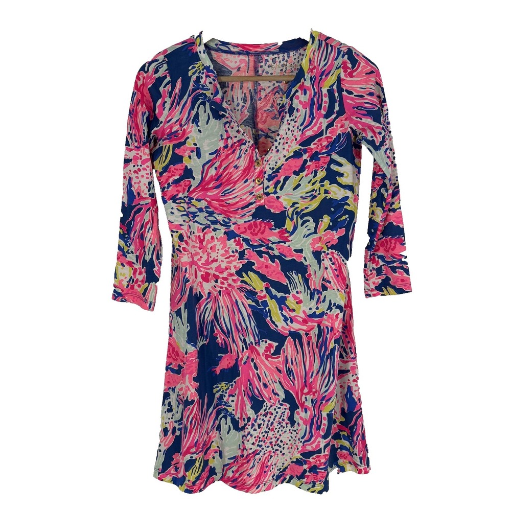 Lilly Pulitzer Banyan Dress Womens 2XS Multicolor‎ Floral V Neck Shift Resort